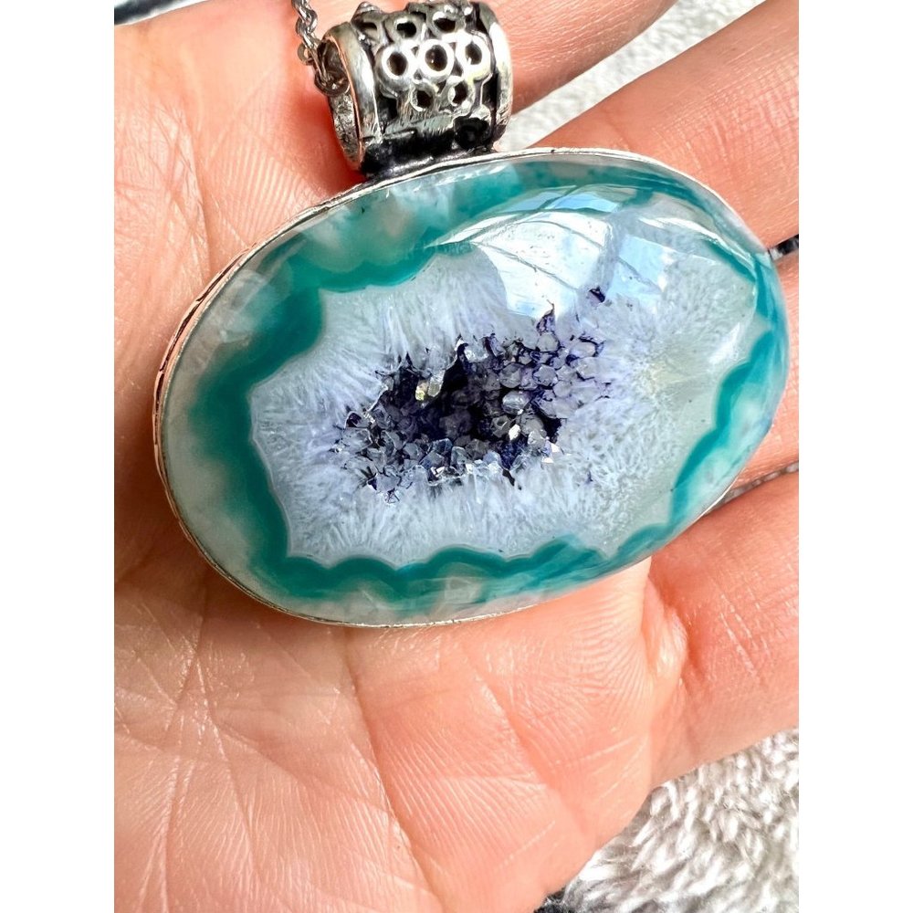 925 Geode Slice Solar Quartz Necklace - Picture 3 of 6